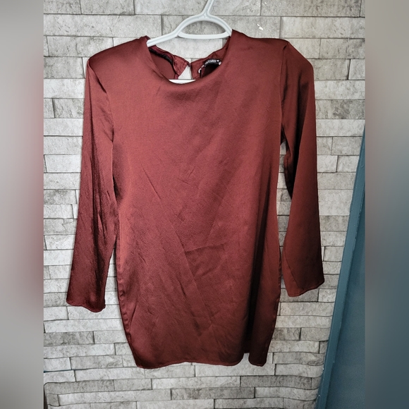 Zara size Large burgundy long sleeve  ‎ mini shift dress - Picture 1 of 4